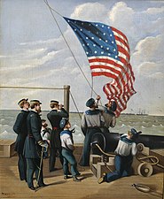 Painting of Gun Boats Blockade Mobile Bay, Alabama, Our Flag is There, by Alfred Rudolph Waud (1865)