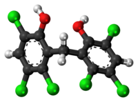 Ball-and-stick model of the hexachlorophene molecule