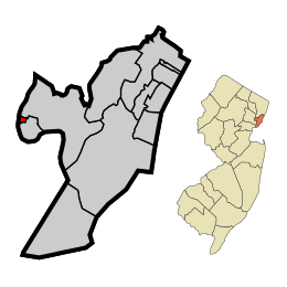 Location of East Newark in Hudson County highlighted in red (left). Inset map: Location of Hudson County in New Jersey highlighted in orange (right).