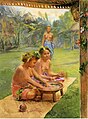 Young Girls Preparing Kava Outside of the Hut whose Posts are Decorated with Flowers, 1891