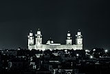 The King Hussein mosque at night, as seen from a balcony in West Amman.