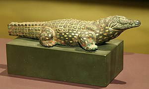 Statue of the crocodile god Sobek in fully animal form, possibly a cult image from a temple.[175] Nineteenth or twentieth century BC.