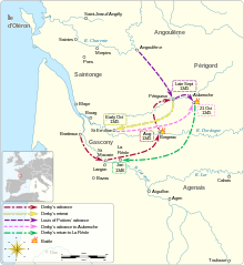 A map of south west France in 1345 showing the main movements of troops between August and November
