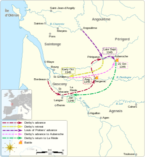 A map of south west France in 1345 showing the main movements of troops between August and November