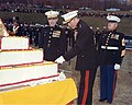 Marine Corps Birthday 1969, Marine Corps Development and Educational Center Quantico, Commanding general Lewis J. Fields cutting the cake and Commandant of the Marine Corps, Wallace M. Greene (on the left) looks on.