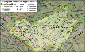 Das Thüringisch-Fränkisch-Vogtländische Schiefergebirge mit den als Thüringer Schiefergebirge zusammengefassten Gebirgsteilen im Nordwesten