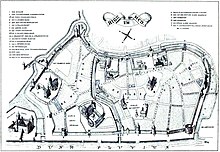 Kupferstich der Stadtkarte von Riga mit seiner Mauer und wichtigsten Bauten und Straßen. Am unteren Bildrand ist ein Fluss mit der Beschriftung „Düna Fluvius“. In der oberen Mitte ist ein Kompass gezeichnet und an der oberen linken und rechten Seite ist die Legende für die mit Buchstaben versehenen Bauten.