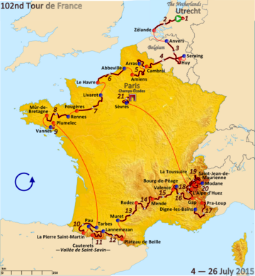 Map of France showing the path of the race going counter-clockwise starting in the Netherlands, going through Belgium, then around France.