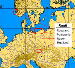 Settlement areas of the Rugii: Rogaland, Pomerania (since 1st century), Rugiland (5th century); Rügen (uncertain)