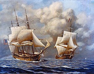 Painting of a US sailing ship firing at a French one