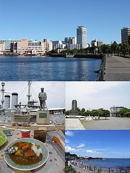 Top: View of downtown Yokosuka from Verny Seaside Park, Middle: Mikasa Battleship Monument and Heihachirō Togō Statue, Kurihama Matthew Perry Park, Bottom: Yokosuka Naval Curry, Kannon Cape and seaside park (all item for left to right)