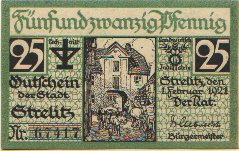 25-Pfennig-Gutschein der Stadt Strelitz von 1921, Vorderseite