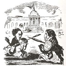 Karikatur von zwei Männern, die auf Pferden mit beschrifteten Kuvertüren aufeinander zureiten. Der linke Mann trägt einen Pinsel und einen Eimer mit Aufschrift. Der rechte Mann trägt einen Füllfederhalter und einen Schild mit Aufschrift. Im Hintergrund steht ein Kuppelbau mit Säulen und Rundbögen.