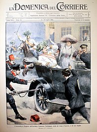 Dem Attentat von Sarajevo am 28. Juni 1914 – links in einer nicht ganz exakten zeitgenössischen Darstellung – folgten die Julikrise und wechselseitige Mobilmachungen, rechts die Anordnung der französischen Mobilmachung zum 2. August 1914