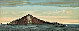 Ansicht der gespaltenen Hauptinsel Krakatau nach dem Ausbruch 1883