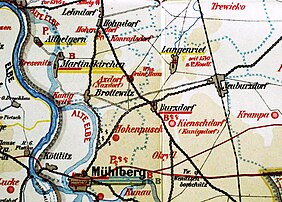 Mühlberg auf einer geschichtlichen Karte des Kreises Liebenwerda (1910).