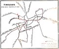 Netzplan aus Timișoara: Straßenbahn­linien durchgehend, Trolleybus­linien gestrichelt und Autobus­linien gepunktet