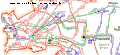 Dreifarbiger Netzplan aus Ost-Berlin, Straßenbahn­linien sind rot, Obus­linien grün und Autobus­linien blau eingezeichnet