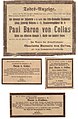 Anzeigen (1) zum Tod des Paul von Collas (1910)
