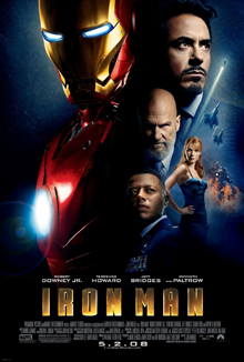 The film's title is shown below juxtaposed images of Tony Stark and Iron Man.