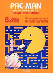 Artwork of an orange, vertical rectangular box. The top third reads "Pac-Man Video Computer System Game Program". Below that reads "8 Video Games" and "The home version of one of your favorite Arcade games. One Player • Two Players". The lower two-thirds depict a yellow circular character with his mouth open, eating a white wafer against the backdrop of a blue maze with orange walls. In the lower-left corner of the maze are three pink ghosts, each with two white eyes.