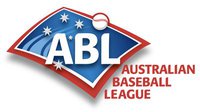 A blue rectangle with a white and red double border, rotated 45 degrees. The southern cross, the letters "ABL" in white and a baseball superimposed on the rectangle. The words "Australian Baseball League" in red written to the side of the rectangle.
