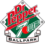 An illustration of a green baseball diamond with "Dr Pepper" and "7 Up" written across its center with "Ballpark" written below on an unfurled banner
