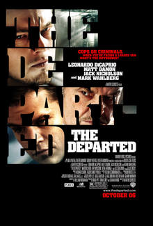 The text "THE DEPARTED" against a black background; the text is filled in with photos of Leonardo DiCaprio (top), Jack Nicholson (right), and Matt Damon (left)