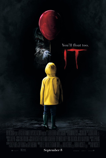 Pennywise, the evil dancing clown and titular character, is holding one red balloon, with Georgie Denbrough, the yellow raincoat boy, is walking into It. The background, clouds, air and the road are all black and grey.