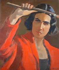 Painting of woman in red holding a paintbrush