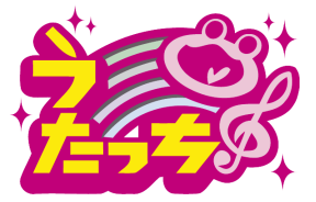 logo for Utacchi. it is a bright pink toad over japanese characters and a clef note