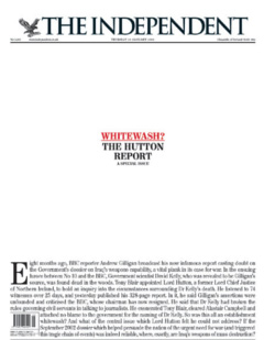 Front page of the Independent newspaper, consisting mostly of whitespace, with the headline "Whitewash? The Hutton Report" in small type in the centre of the page