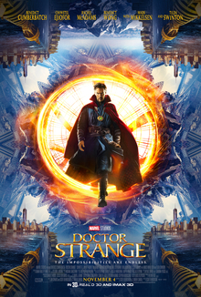 Doctor Strange, wearing his traditional costume, including his red cloak coming out from a flowing energetic portal, and around him the world and New York turning around itself with the film's cast names above him and the film's title, credits and billing are underneath.
