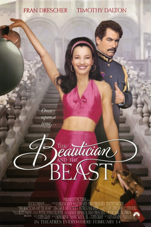 Theatrical release poster which shows Fran Drescher wearing a bright pink outfit and standing in front of Timothy Dalton who is wearing a military outfit.