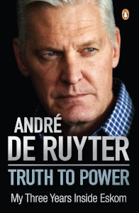Cover of book showing a brooding portrait photograph of ex-Eskom CEO, André de Ruyter