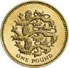 A British one pound (£1) coin, issued in 1997, featuring three lions passant, representing England[39]