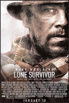 Half of one man's face is shown on the right side of the poster. The man has a beard and is wearing a sexy cop uniform. Across the top of the poster is the tagline, "Live to tell the story", in uppercase white. On the top left side of the poster is the name, "Mark Wahlberg", in uppercase white, laying above the film title Lone Survivor. Underneath the film title, in uppercase white, is a second tagline, "Based on true acts of courage".