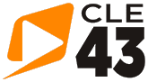 At left, a yellow-orange parallelogram with rounded edges with a cutout triangle shape representing a "play" button symbol. At right, two lines of text, the top row in a light font weight reading "CLE" with the bottom row in a heavy font weight reading "43".