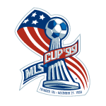 Match logo, featuring the league trophy—a soccer ball on a curved pedestal—surrounded by a simplified American flag with the text "MLS Cup '99".