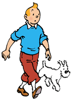 A cartoon drawing of a young man and his white dog walking against clear background.