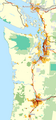 Image 5Map of "megacity", showing population density (shades of yellow/brown), highways (red), and major railways (black). Public land shown in shades of green. (from Pacific Northwest)