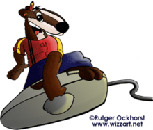 A cartoon badger sitting on a computer mouse.
