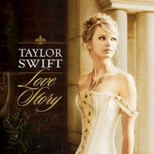 To the left: "TAYLOR SWIFT Love Story" in ornate lettering against a dark background; to the right: a slender blonde woman with braided hair and a white corset.