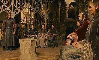 Film still showing Peter Jackson's portrayal of the Council