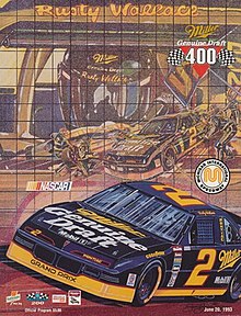 The 1993 Miller Genuine Draft 400 program cover, featuring Rusty Wallace. Artwork by NASCAR artist Sam Bass.