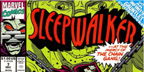 The top third of issue 7 of Sleepwalker. The logo is red and black on a green background. The icon identifying the issue as crossover is blue with white text. Two sides of the triangle is formed by the top and right edges of the page. The sides are approximately one inch in length.
