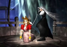 A brown-haired girl in a pink dress is stabbed in the back by a white-haired man wearing black clothing.