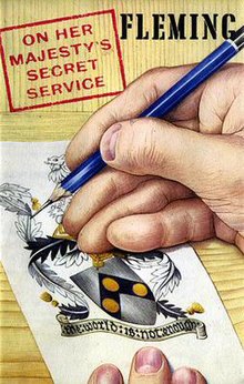 A book cover, showing a hand, holding a pencil, drawing a cost of arms. The words "On Her Majesty's Secret Service" appear in a box at the top left; at the top right is the name "Fleming"