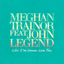 The names Meghan Trainor and John Legend stand in golden font above the title "Like I'm Gonna Lose You" written in the same font, surrounded by gold