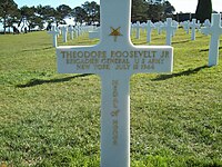 Theodore Roosevelt Jr.'s grave marker at the American World War II cemetery in Normandy. He lies buried next to his brother, Quentin, who was killed during World War I.